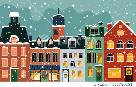 Winter holiday town street with snow and lights Winter holiday town street with snow and lights 131759151
