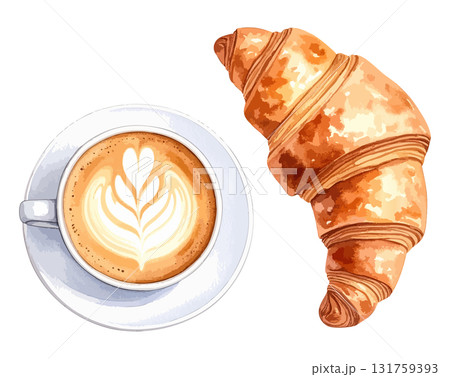 コーヒーとクロワッサンの水彩風イラストセット 生成AI コーヒーとクロワッサンの水彩風イラストセット 生成AI 131759393