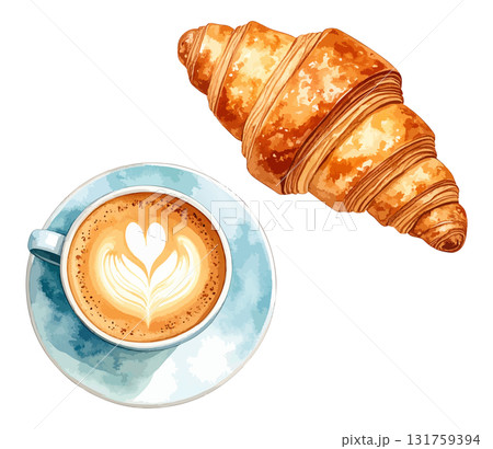 コーヒーとクロワッサンの水彩風イラストセット 生成AI コーヒーとクロワッサンの水彩風イラストセット 生成AI 131759394