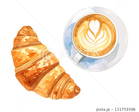 コーヒーとクロワッサンの水彩風イラストセット 生成AI コーヒーとクロワッサンの水彩風イラストセット 生成AI 131759396