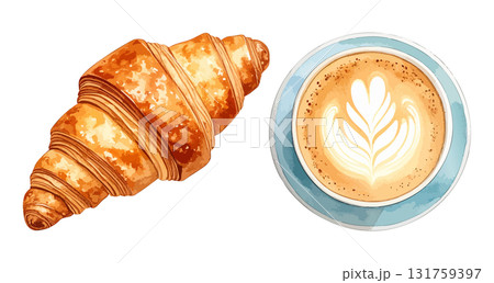 コーヒーとクロワッサンの水彩風イラストセット 生成AI コーヒーとクロワッサンの水彩風イラストセット 生成AI 131759397