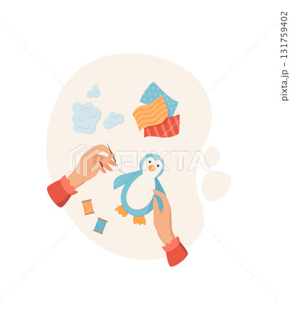 Hands sewing a cute penguin toy with colorful fabric pieces and sewing supplies. Craft activity for children in a DIY workshop, flat illustration style, ideal for creative projects and hands Hands sewing a cute penguin toy with colorful fabric pieces and sewing supplies. Craft activity for children in a DIY workshop, flat illustration style, ideal for creative projects and hands 131759402