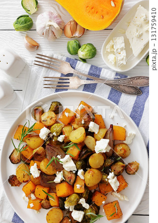 roasted autumn vegetable salad and feta cheese roasted autumn vegetable salad and feta cheese 131759410