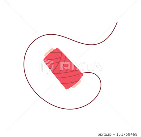 Cute spool with red thread, showcasing flat style and handmade craft. Represents sewing and craft elements in a creative context, ideal for stationery, DIY projects, design. 131759469