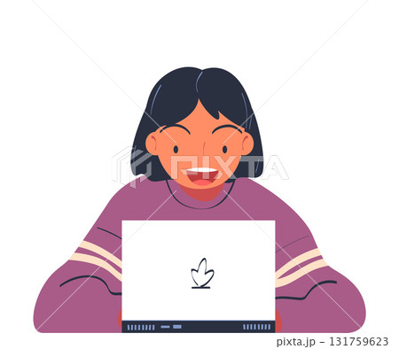 Happy Woman Look at Something on Laptop Screen Vector Illustration 131759623