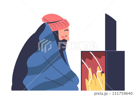 Freezing Man Character Wearing Warm Clothes Sit at Fireplace Trembling Feeling Cold Vector Illustration 131759640