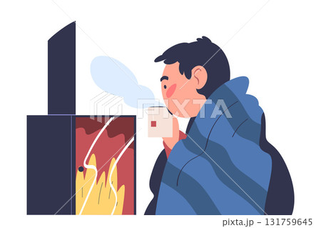 Freezing Man Character Drink Hot Tea at Fireplace Wearing Warm Clothes Vector Illustration Freezing Man Character Drink Hot Tea at Fireplace Wearing Warm Clothes Vector Illustration 131759645