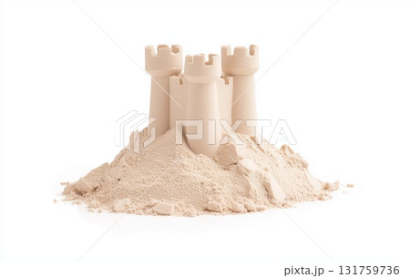 Sand castle with three towering spires emerging from smooth golden shoreline, standing against minimalist white backdrop, capturing seaside leisure and vacation essence 131759736
