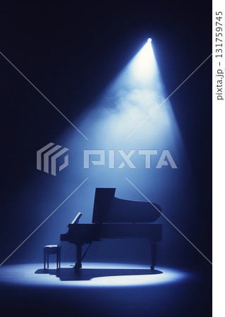 Spotlights casting soft light on grand piano, centered within shadowy blue performance hall, highlighting dramatic anticipation before musical event 131759745