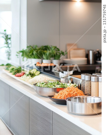 Fresh ingredients displayed neatly on white kitchen surface, preparing nutritious meal with minimalist cooking aesthetic Fresh ingredients displayed neatly on white kitchen surface, preparing nutritious meal with minimalist cooking aesthetic 131759748