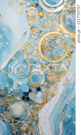Stained glass mosaic with vibrant gold and blue colors, gold embellishments, creating dynamic composition. Abstract texture background Stained glass mosaic with vibrant gold and blue colors, gold embellishments, creating dynamic composition. Abstract texture background 131759797