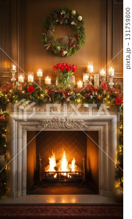 A Cozy and Festive ambiance of a Christmas Fireplace adorned with Gorgeous Decorations. Interior of a living room decorated with candles, fir branches and pine cones 131759800