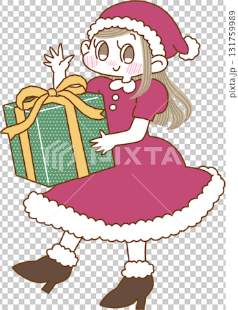 Illustration of a girl wearing a Santa Claus costume and holding a gift 131759989