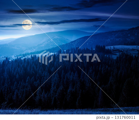 rural area of mountains in autumn at night. wonderful highland in full moon light observed from the hillside. meadows on rolling hills near spruce forest. alpine travel destination rural area of mountains in autumn at night. wonderful highland in full moon light observed from the hillside. meadows on rolling hills near spruce forest. alpine travel destination 131760011