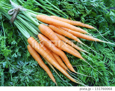 Fresh carrots with stem and leaves on a wooden background, carrot juice, vegetables harvest Fresh carrots with stem and leaves on a wooden background, carrot juice, vegetables harvest 131760068
