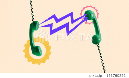 Creative digital artwork of two green phones connected with purple lightning bolts and gears. Creative digital artwork of two green phones connected with purple lightning bolts and gears. 131760231