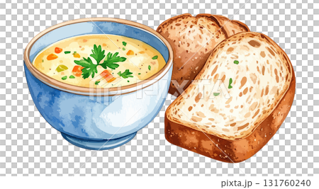 Soup and bread watercolor illustration set - AI generation 131760240