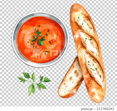 Tomato soup and baguette watercolor illustration set - AI generation 131760241
