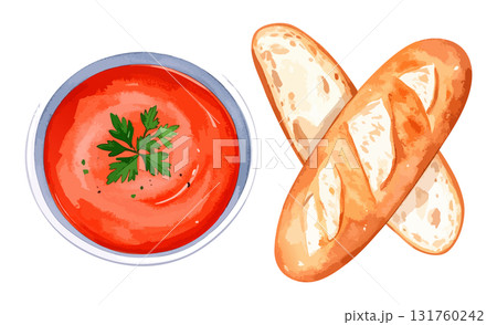 トマトスープとバゲットの水彩風イラストセット　生成AI 131760242