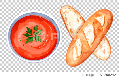 番茄湯和法國麵包水彩插圖集-AI生成 131760242