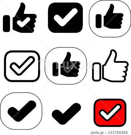 minimalist approval icon set with thumbs up and checkmark symbols in graphic grid layout with red highlight 131760368
