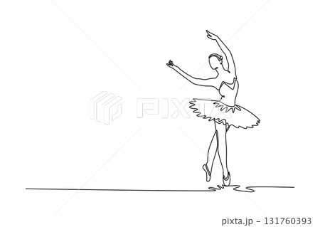 Single one line drawing ballerina balancing en pointe with her arms raised in graceful port de bras, perfect balance, vertical elegance of pose. Continuous line draw design graphic vector illustration Single one line drawing ballerina balancing en pointe with her arms raised in graceful port de bras, perfect balance, vertical elegance of pose. Continuous line draw design graphic vector illustration 131760393
