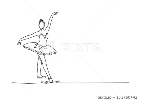 Continuous one line drawing ballerina in a graceful, flowing step with one arm extended high and the other low, moment balanced transition in dance. Single line draw design vector graphic illustration Continuous one line drawing ballerina in a graceful, flowing step with one arm extended high and the other low, moment balanced transition in dance. Single line draw design vector graphic illustration 131760442