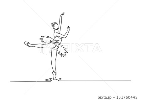 Continuous one line drawing ballerina balancing on one foot en pointe with her leg extended behind her and arms raised, a graceful arabesque pose. Single line draw design vector graphic illustration 131760445