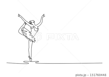 Single continuous line drawing ballerina balancing en pointe while holding her leg high over her head, extreme flexibility and technical skill of art. One line draw graphic design vector illustration Single continuous line drawing ballerina balancing en pointe while holding her leg high over her head, extreme flexibility and technical skill of art. One line draw graphic design vector illustration 131760448