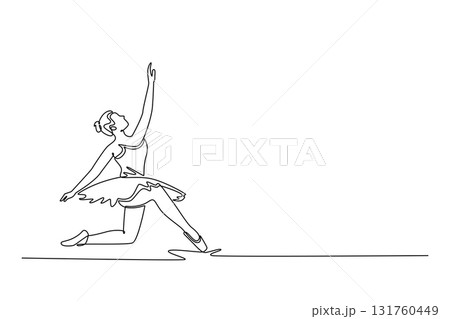 Single one line drawing young ballerina in a graceful, deep lunge with one hand reaching high, extension and grounded focus of the pose. Modern continuous line draw design graphic vector illustration Single one line drawing young ballerina in a graceful, deep lunge with one hand reaching high, extension and grounded focus of the pose. Modern continuous line draw design graphic vector illustration 131760449