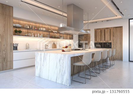 モダンなキッチンインテリアと白い大理石カウンターの洗練された空間 モダンなキッチンインテリアと白い大理石カウンターの洗練された空間 131760555