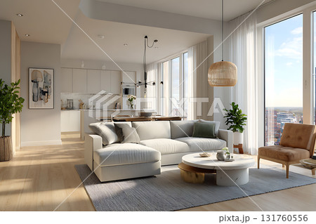 モダンなリビングルームとキッチンの明るいインテリアデザイン モダンなリビングルームとキッチンの明るいインテリアデザイン 131760556