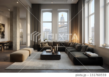 モダンなリビングルームのインテリアデザインと美しい街の景色 モダンなリビングルームのインテリアデザインと美しい街の景色 131760559