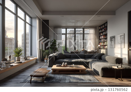 モダンなリビングルームの高層ビル眺望風景 131760562