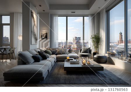 モダンなリビングルームの窓から見える都市の風景 モダンなリビングルームの窓から見える都市の風景 131760563