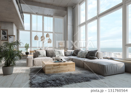 モダンな高層マンションの明るいリビングルームのインテリアデザイン モダンな高層マンションの明るいリビングルームのインテリアデザイン 131760564