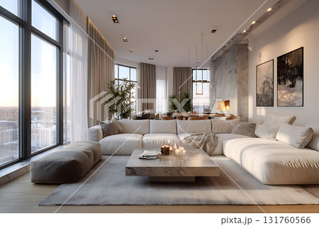 モダンリビングルームの夕焼けに照らされた温かいインテリア モダンリビングルームの夕焼けに照らされた温かいインテリア 131760566