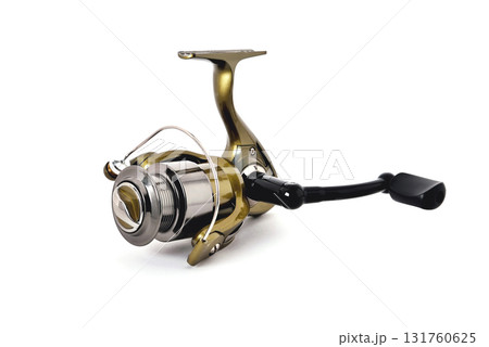 gold color fishing reel on a white background gold color fishing reel on a white background 131760625