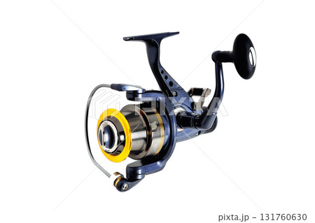 Coil for fishing inertial blue color on white background close-up isolate Coil for fishing inertial blue color on white background close-up isolate 131760630