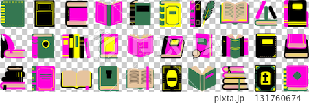 pixelated grid of book icons in 8bit style with magenta green yellow and black blocks showing open and closed books 131760674