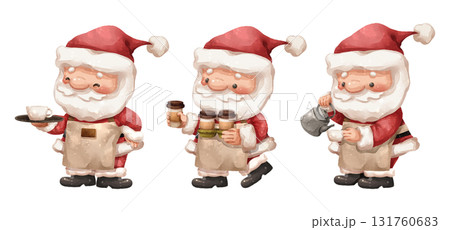 Watercolor cartoon illustration set of santa claus as a friendly barista or coffee server . Hand drawn digital painting . Transparency background . Watercolor cartoon illustration set of santa claus as a friendly barista or coffee server . Hand drawn digital painting . Transparency background . 131760683
