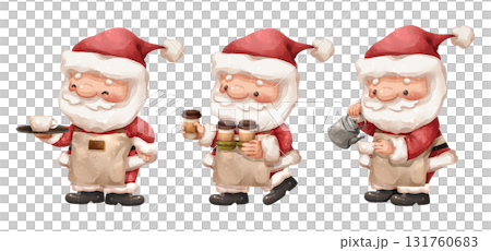 Watercolor cartoon illustration set of santa claus as a friendly barista or coffee server . Hand drawn digital painting . Transparency background . Watercolor cartoon illustration set of santa claus as a friendly barista or coffee server . Hand drawn digital painting . Transparency background . 131760683