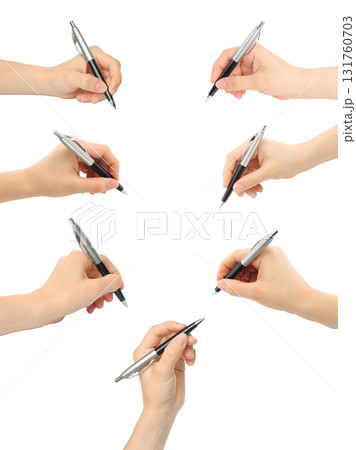 Set of hands holding ballpoint business pen isolated on transparent background Set of hands holding ballpoint business pen isolated on transparent background 131760703