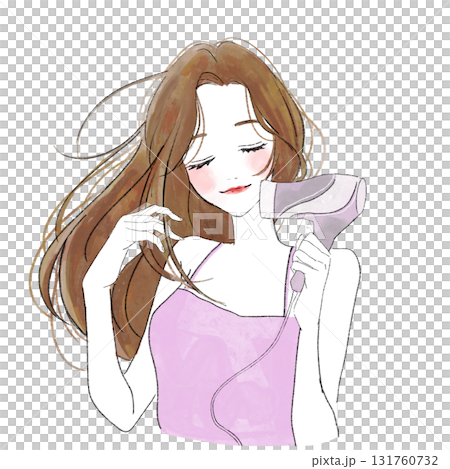 Watercolor illustration of a woman using a hair dryer 131760732
