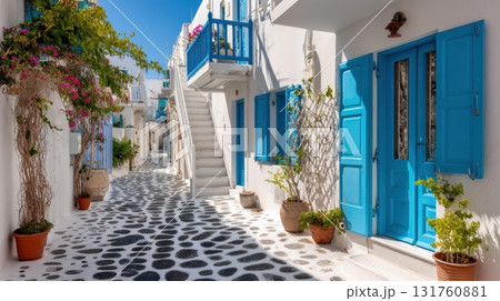 Charming narrow street in Santorini 131760881