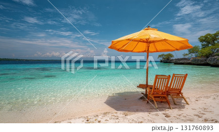 Beach scene with orange umbrella 131760893