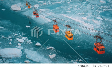 Cable cars cross icy river 131760894