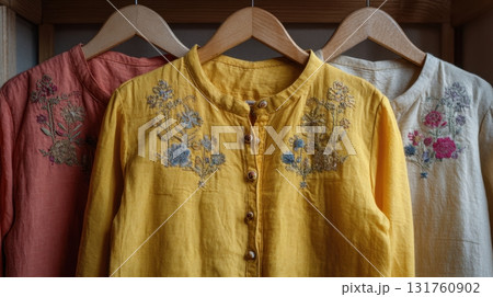 Vibrant embroidered shirts displayed 131760902