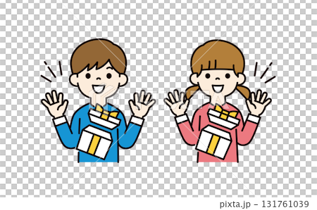 プレゼントをもらって喜ぶ、かわいい子供たちの上半身ベクターイラスト素材セット 131761039