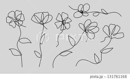 Flowers One Continuous Line Art. Hand Drawn Botanical Floral Drawing Set. Vector Illustration. 131761168